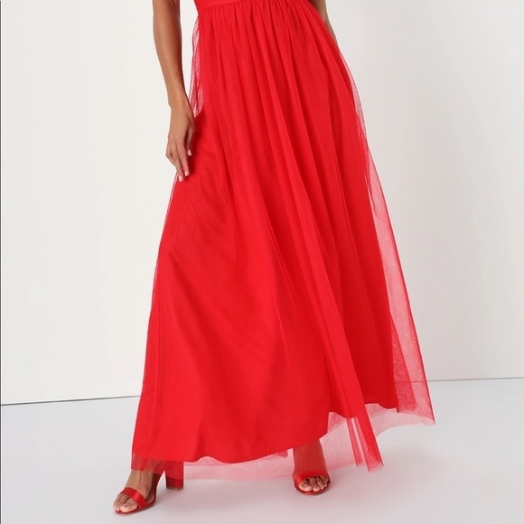 NWT! Lulus Queen Behavior Red Tulle Strapless Ruched Maxi Dress - Picture 2 of 2